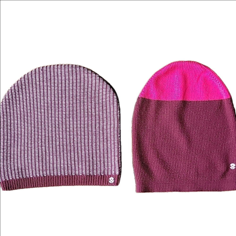 Lululemon Set Bundle 2 Running Hat Beanies Burgundy Colorblock Knit Unisex Light